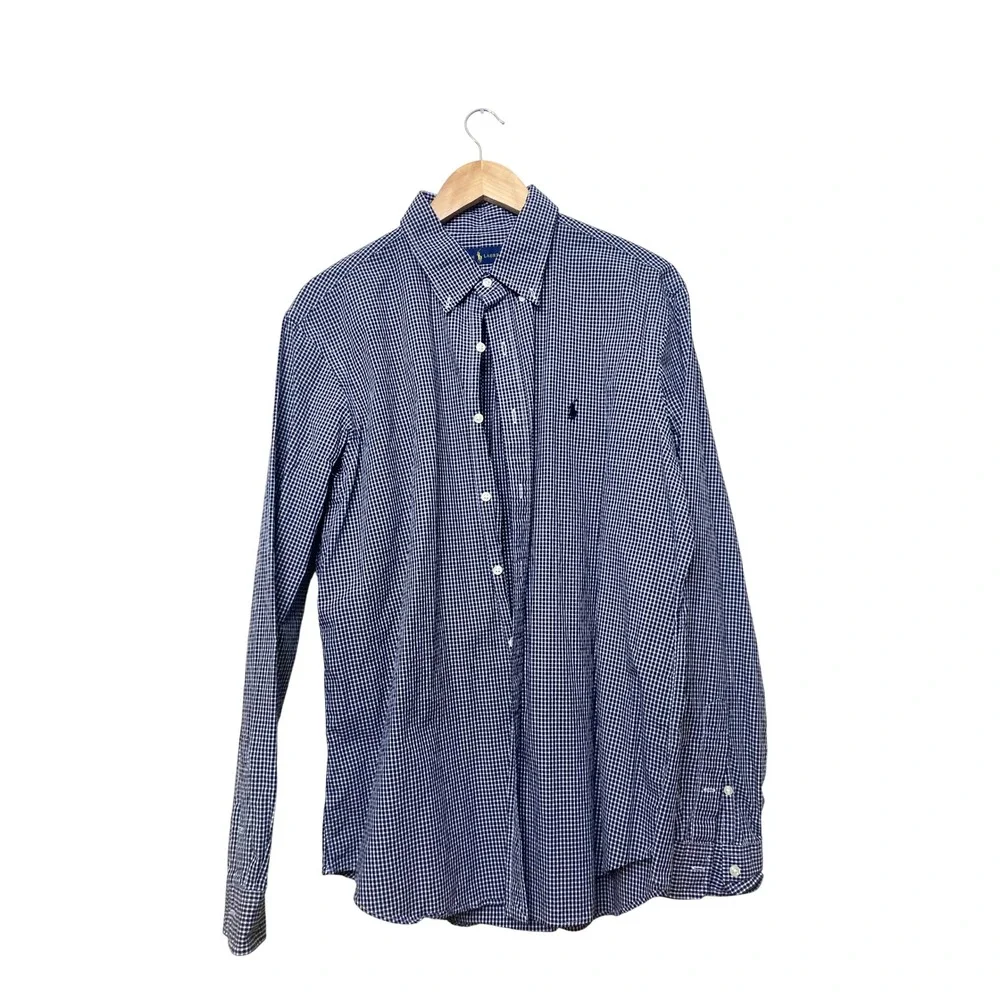 Polo Ralph Lauren Mens XL Navy Blue White‎ Gingham Cotton Button Down Shirt